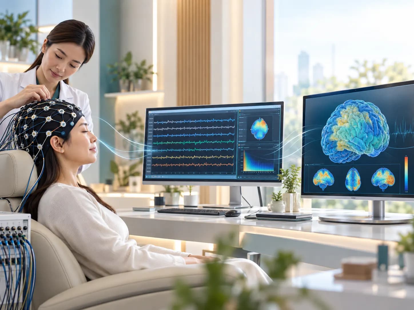 สัญญาณ EEG จาก​เซนเซอร์บนหนัง​ศีรษะ​ถูก​ประมวลผลเป็น​ข้อมูล qEEG และ​ภาพ​จาก NDS