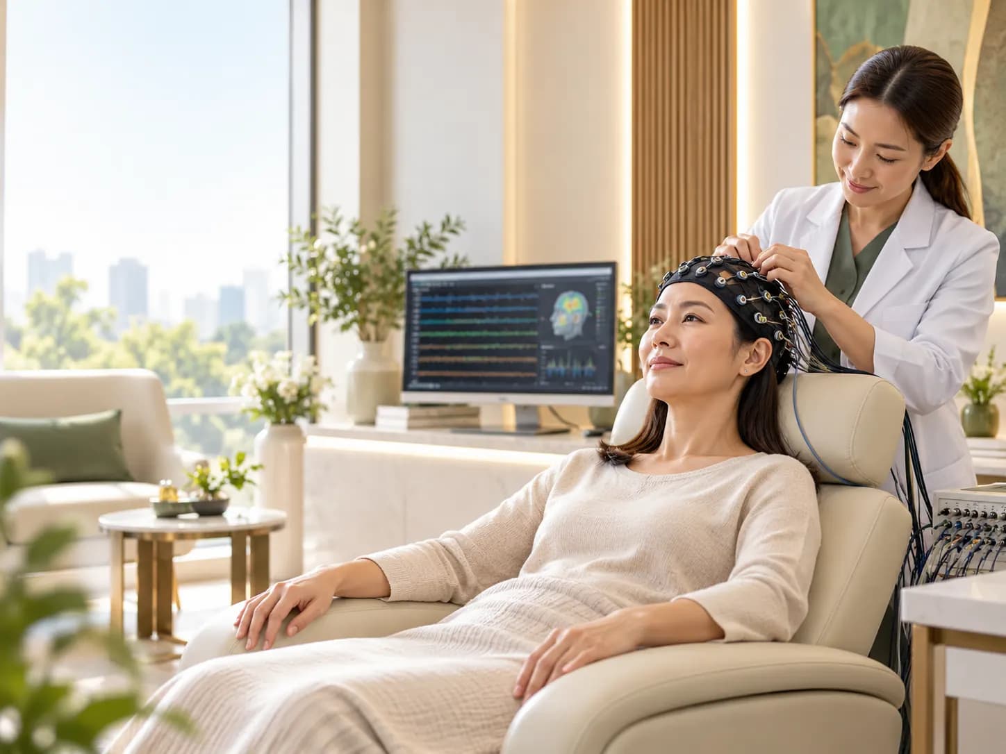 ผู้รับ​บริการ​ผ่อน​คลาย​ระหว่าง​ตรวจ​คลื่น​สมอง​ด้วย​ระบบ NDS ที่ ZENITH Neuro Wellness