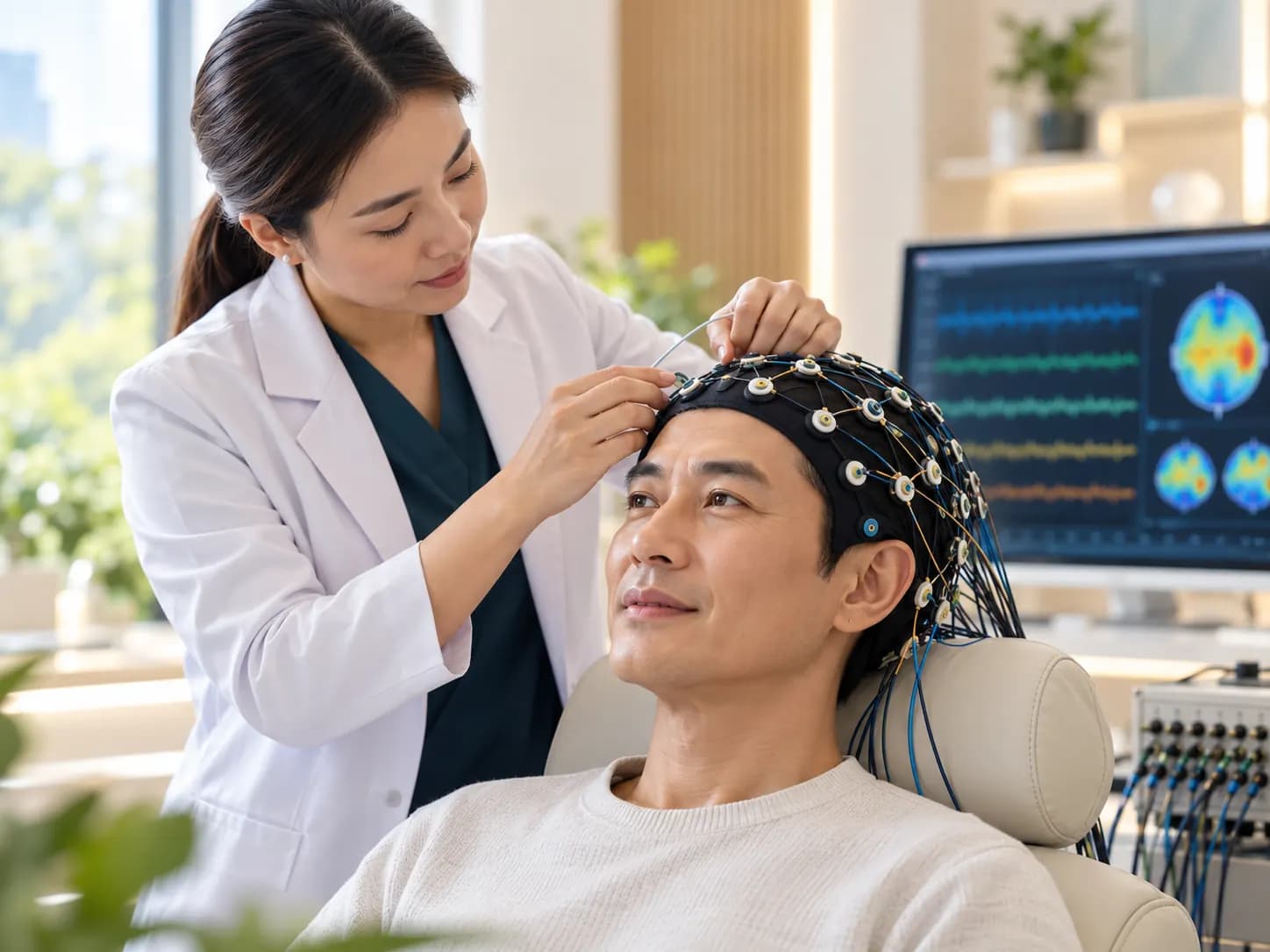เจ้า​หน้าที่​ติด​ตั้ง​เซนเซอร์ EEG บนหนัง​ศีรษะ​ของ​ผู้รับ​บริการ​ก่อน​เริ่ม​บันทึก